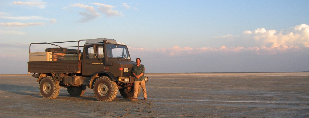 George Bull owner of UnimogCenter.com on salt pan with Unimog U1300L